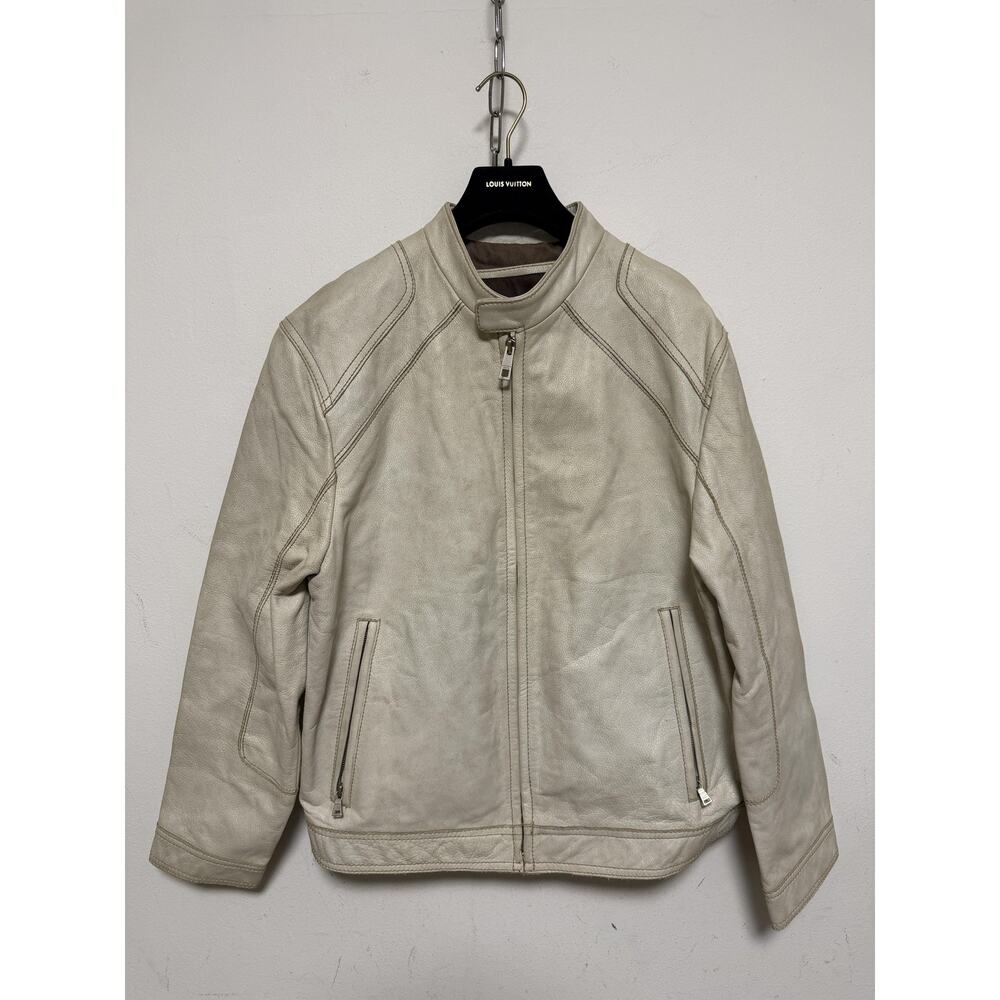 Andrew Marc Jacket Mens Large White Leather Moto Biker Full Zip Lined Collar